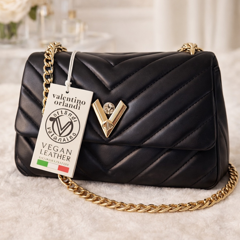 NWT Valentino Orlandi black quilted vegan leather shoulder bag with gold-tone - Picture 3 of 6